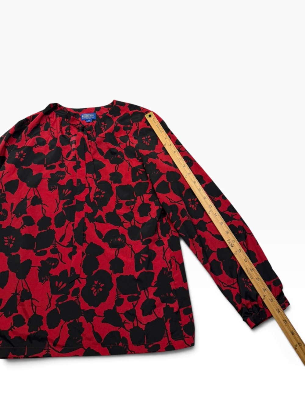 Pendleton Women's Floral Tie Neck Blouse Size 10 Red Black Long Sleeve Top - Picture 12 of 13